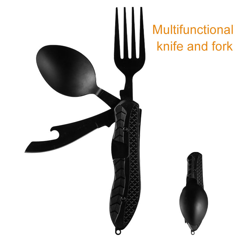 Vajilla de camping multifuncional de acero inoxidable, cuchillo, tenedor y cuchara, herramientas portátiles de supervivencia para comer al aire libre. 