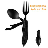 Vajilla de camping multifuncional de acero inoxidable, cuchillo, tenedor y cuchara, herramientas portátiles de supervivencia para comer al aire libre. 