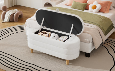 Elegant Upholstered Sherpa Fabric Storage Ottoman with Wood Legs, Storage Bench for Bedroom, Living Room, White - V.I.P Digital Presence