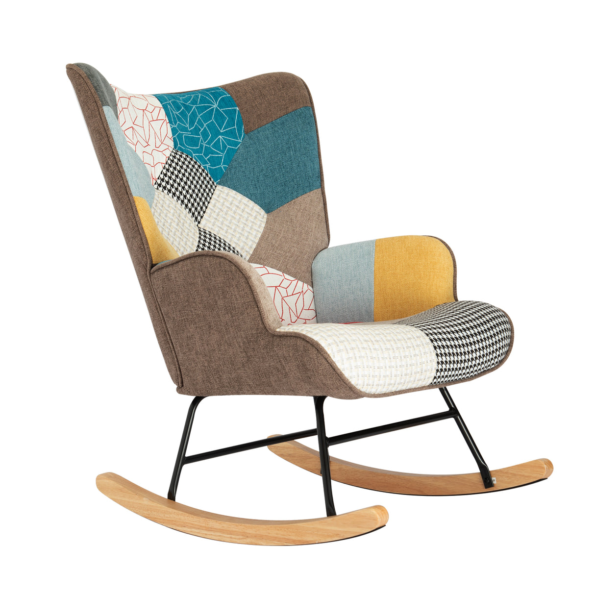 Rocking Chair with ottoman, Mid Century Fabric Rocker Chair with Wood Legs and Patchwork Linen for Livingroom Bedroom - V.I.P Digital Presence