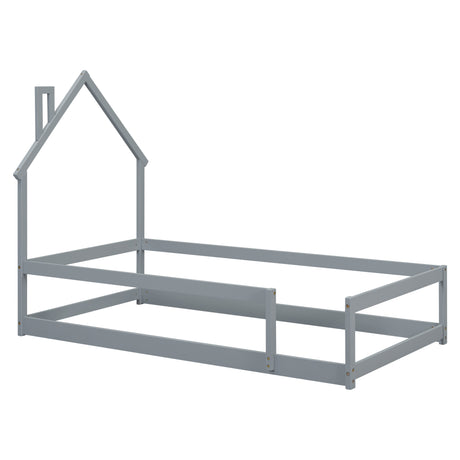 Twin Size Wood bed with House-shaped Headboard Floor bed with Fences,Grey - V.I.P Digital Presence