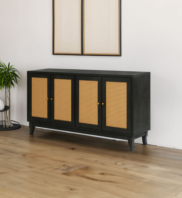 Handcrafted Premium Grain Panels Rattan Sideboard Buffer Cabinet Accent Storage Cabinet With 4 Rattan Doors BLACK - V.I.P Digital Presence