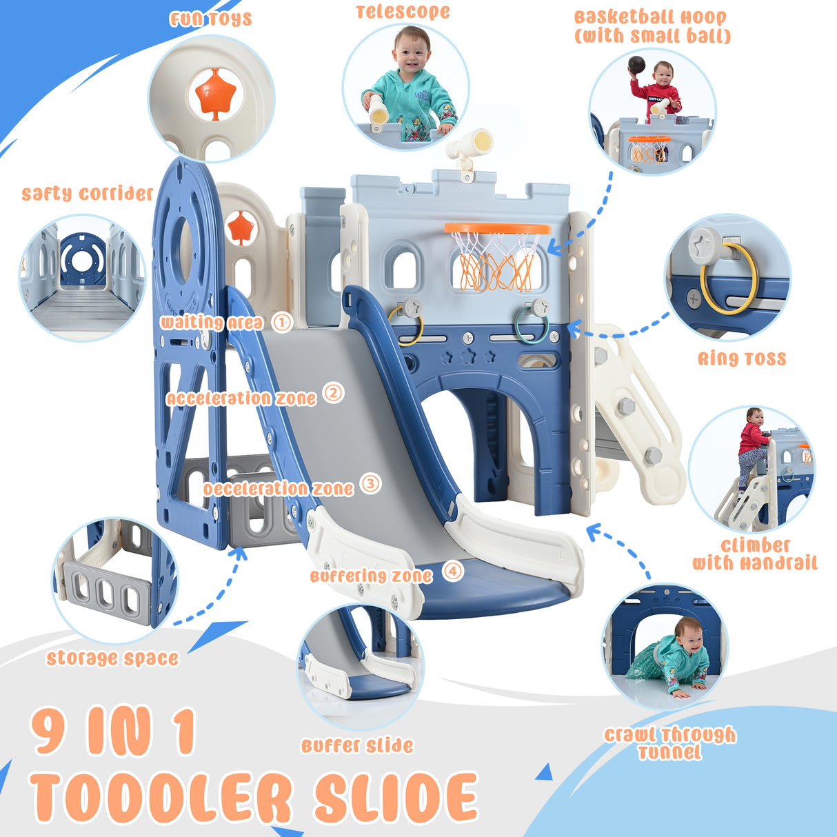 9-1 Toddler Slide Set,Kids Slide for Toddlers Ages 1+, Basketball Hoop, Tunnel and Storage Space, Pirate Ship Themed Slide - V.I.P Digital Presence