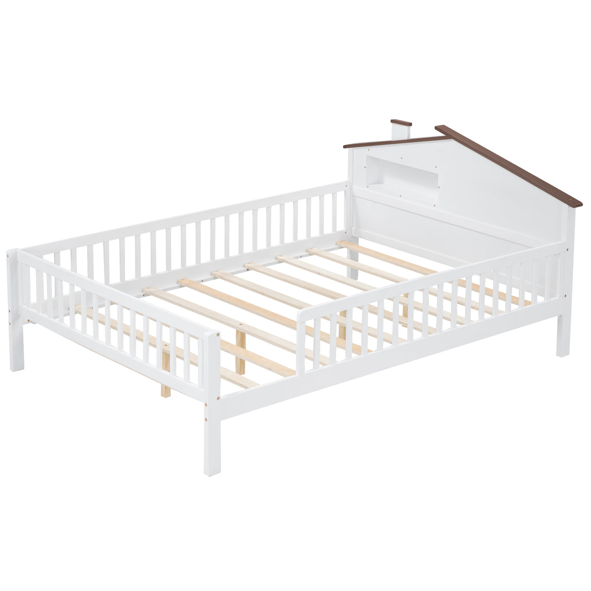 Full Size Wood Platform Bed with House-shaped Headboard, LED and Built-in Storage, White - V.I.P Digital Presence