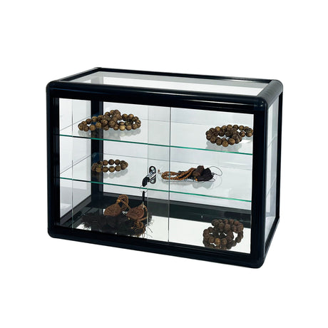 Tempered glass counter top display cabinet with sliding glass door and lock, standard aluminum frame - V.I.P Digital Presence