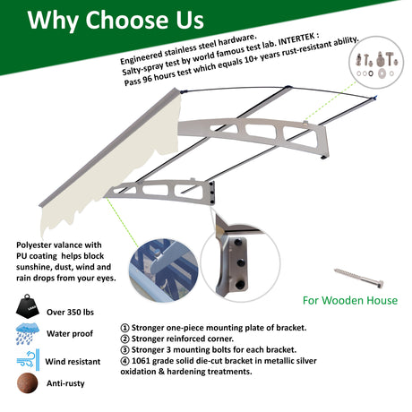 5934W Series Door Window Awning Canopy W59"xD34" Made of 0.137Inch /3.5mm Thick Virtually Crystal Solid Polycarbonate Sheet - V.I.P Digital Presence