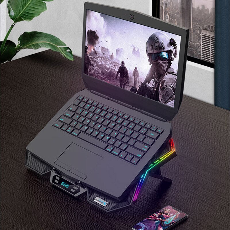 Enfriador de computadora portátil para juegos, seis ventiladores, dos puertos USB, iluminación LED RGB, soporte para computadora portátil de 12 a 17 pulgadas 