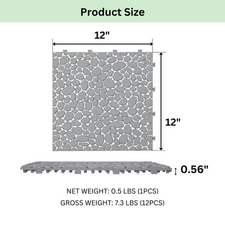 12 x 12 inch gray interlocking deck tiles, plastic waterproof pebble pattern, pack of 12 pieces - V.I.P Digital Presence