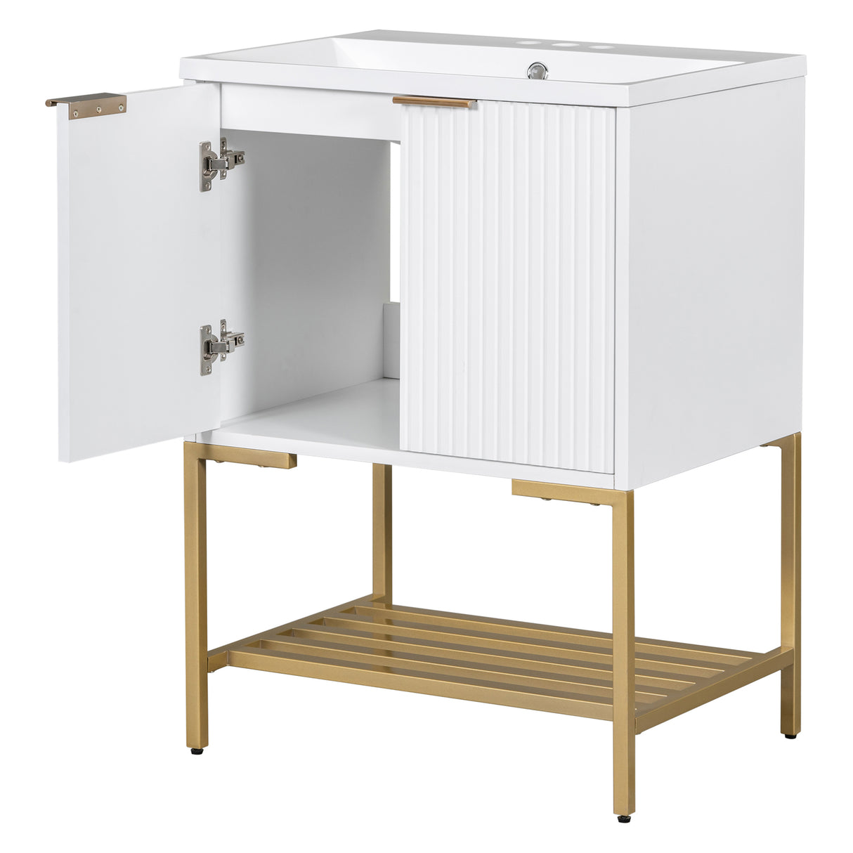 24" Bathroom Vanity with Sink, Bathroom Vanity Cabinet with Two Doors and Gold Metal Frame, Open Storage Shelf, White - V.I.P Digital Presence
