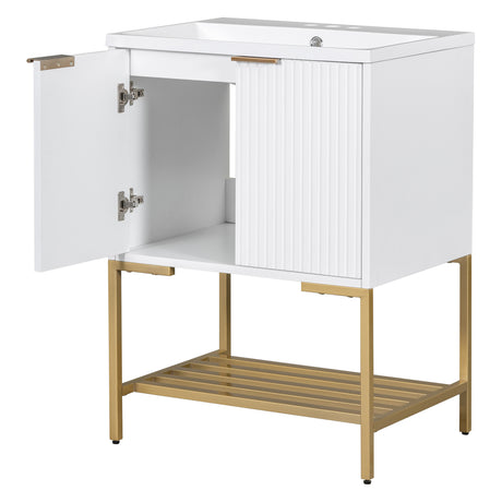 24" Bathroom Vanity with Sink, Bathroom Vanity Cabinet with Two Doors and Gold Metal Frame, Open Storage Shelf, White - V.I.P Digital Presence
