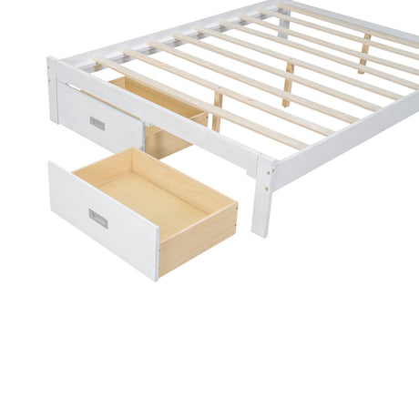 Wood Full Size Platform Bed with Upholstered Headboard and LED and 2 Drawers, Antique White - V.I.P Digital Presence