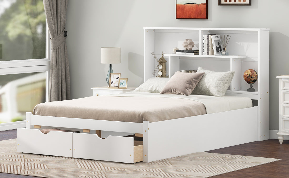 Full Size Platform Bed with Storage Headboard and 2 Drawers, White - V.I.P Digital Presence