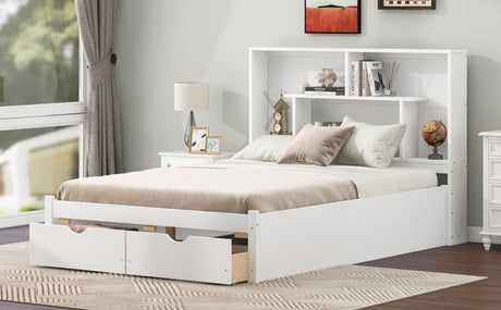 Full Size Platform Bed with Storage Headboard and 2 Drawers, White - V.I.P Digital Presence