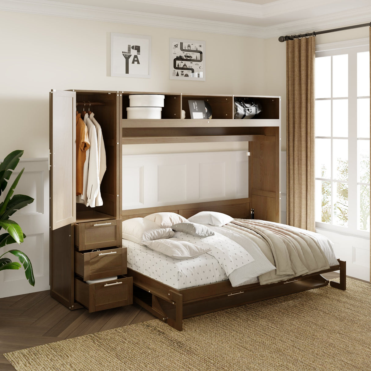 Full Size Murphy Bed with Wardrobe, Drawers and Open Shelves, Antique Grey - V.I.P Digital Presence
