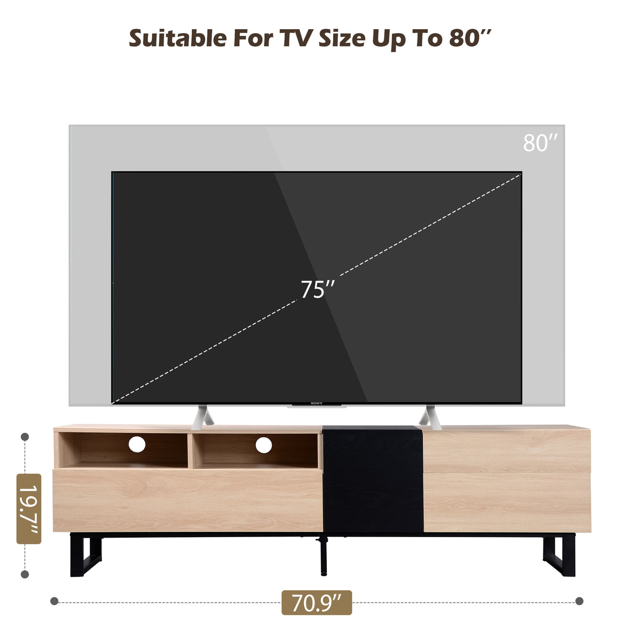 Modern TV Stand for 80'' TV with Double Storage Space Media Console Table Entertainment Center with Drop Down Door