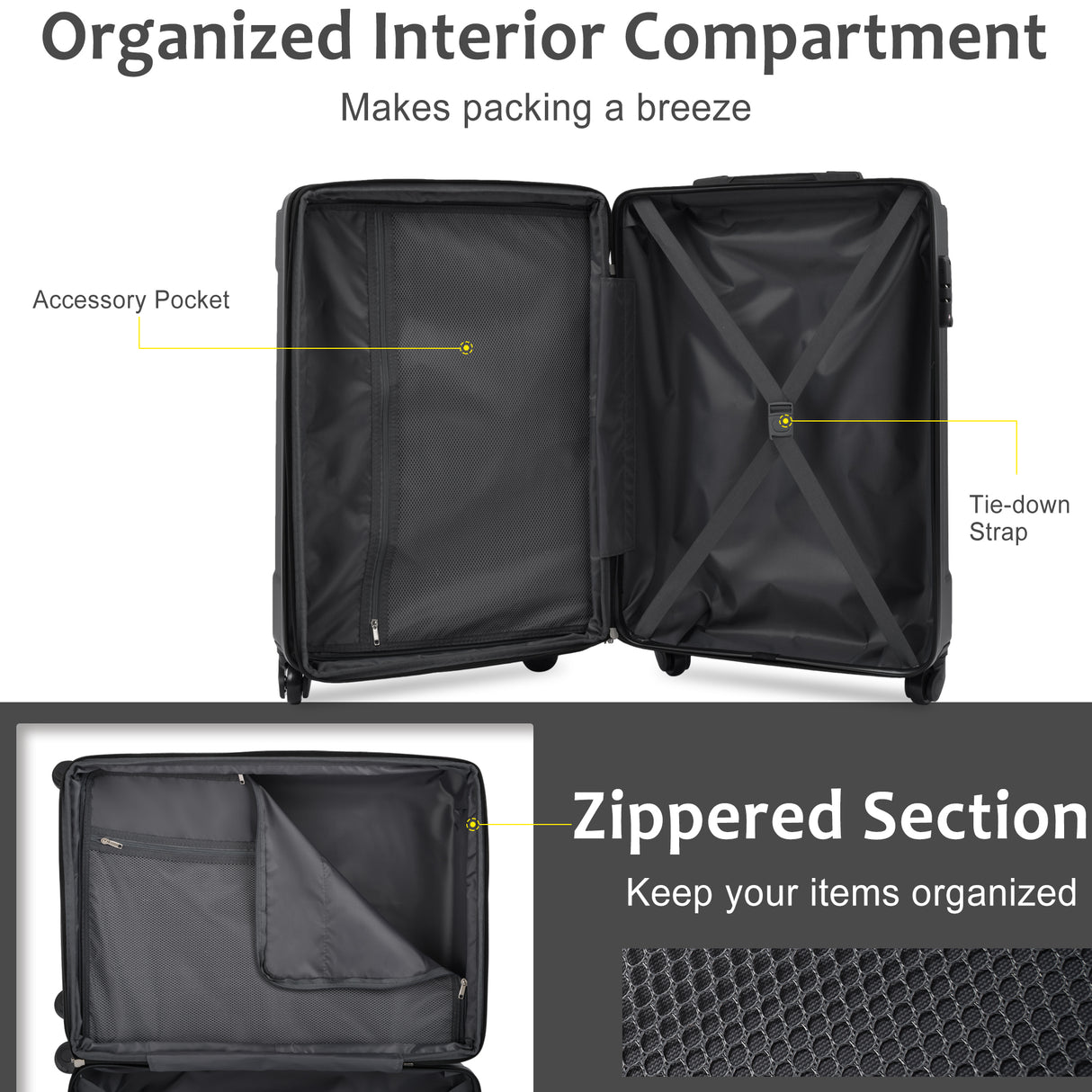 Hardshell Luggage Spinner Suitcase with TSA Lock Lightweight 20'' (Single Luggage) Black + ABS + 20 Inch Carry On