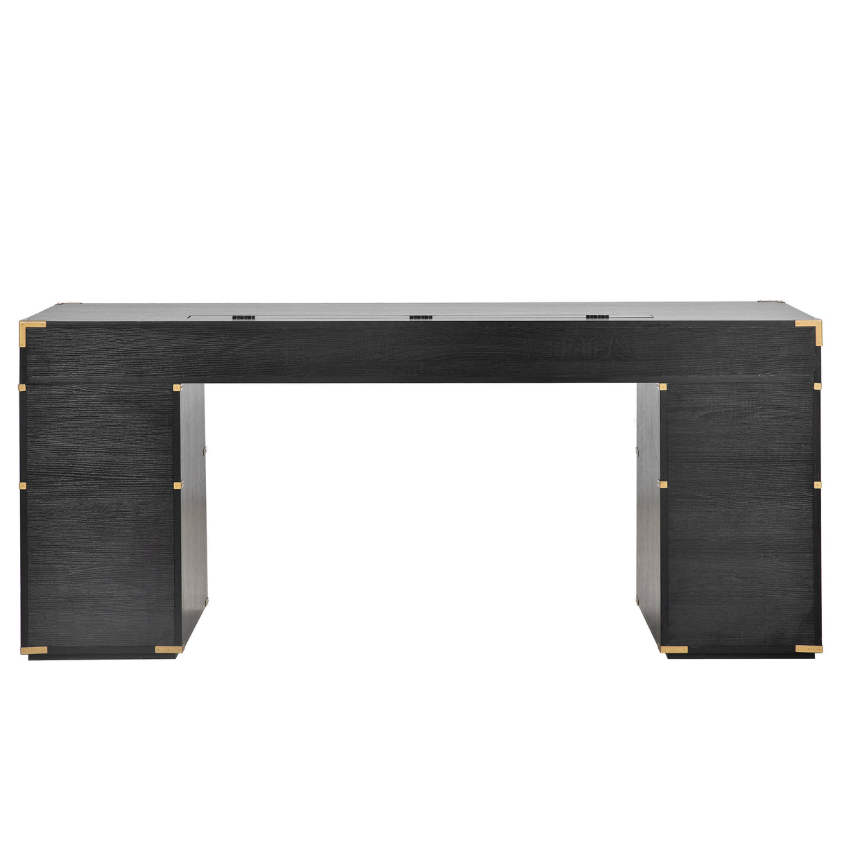 70 inch classic and traditional executive desk with metal trim, writing desk with 2 file drawers, USB ports, and sockets, black - V.I.P Digital Presence