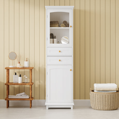 High bathroom storage cabinet with glass door, freestanding, two drawers and adjustable shelves, MDF board, painted white - V.I.P Digital Presence