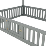 Full Size Wood House Bed with Fence and Door, Gray - V.I.P Digital Presence