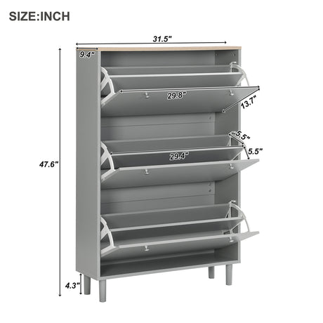 ON-TRANS narrow design shoe cabinet with 3 flip drawers and 3 independent shoe racks with 3 hooks, gray - V.I.P Digital Presence