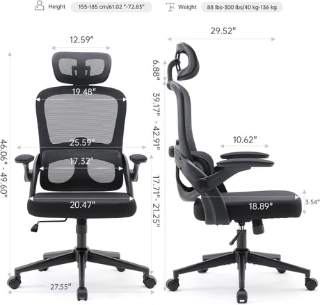 High backrest mesh office chair with 3D armrests, rotating computer task chair with adjustable 2D headrest, tilt function black - V.I.P Digital Presence