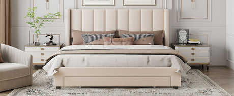 Queen Size Storage Bed Velvet Upholstered Platform Bed with a Big Drawer - Beige - V.I.P Digital Presence