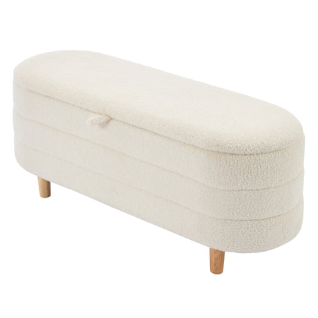 Elegant Upholstered Sherpa Fabric Storage Ottoman with Wood Legs, Storage Bench for Bedroom, Living Room, White - V.I.P Digital Presence