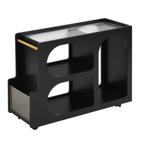 Stylish mobile desk with lockable wheels,bedside table with 5mm thick grooved tempered glass and gold round bars ，black - V.I.P Digital Presence