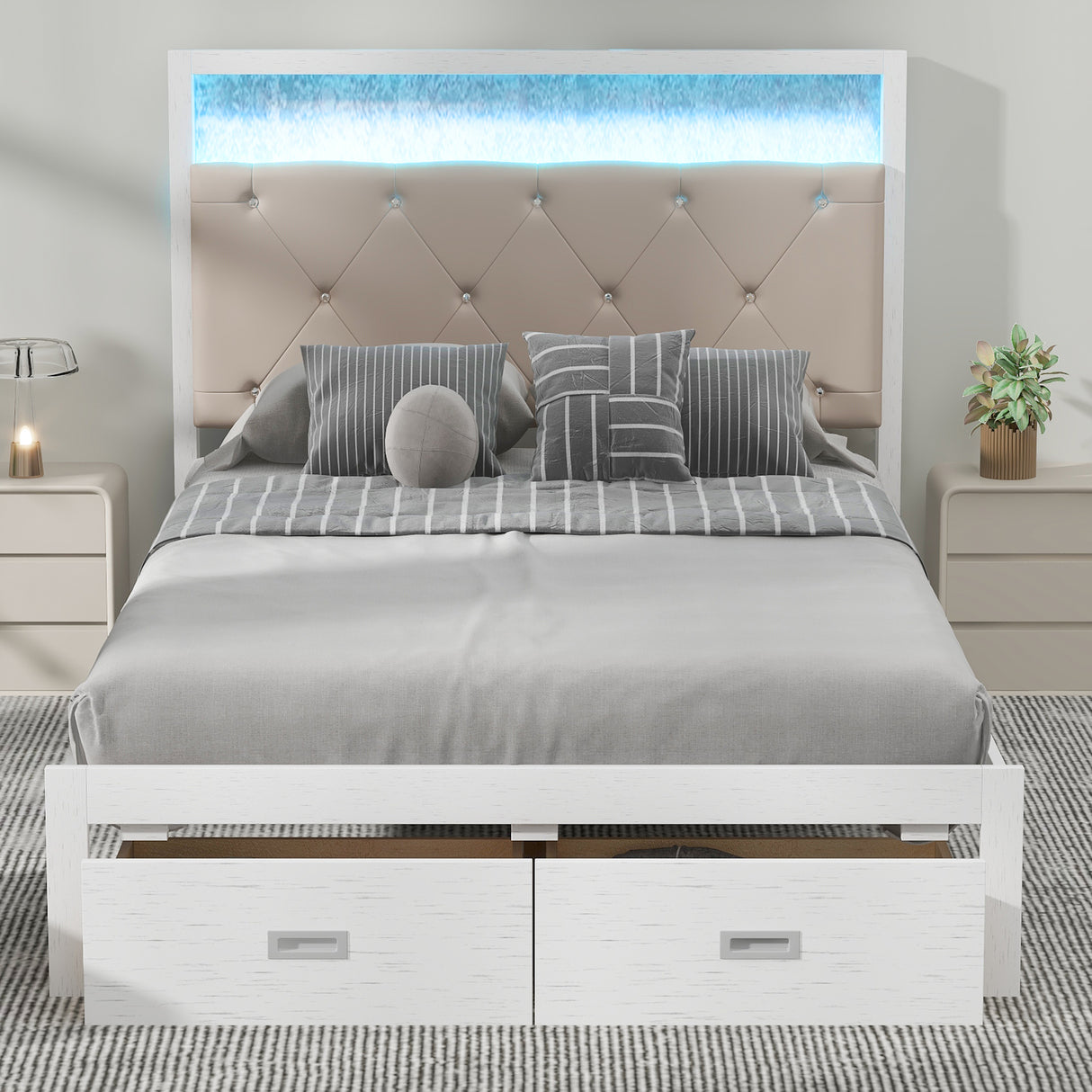 Wood Full Size Platform Bed with Upholstered Headboard and LED and 2 Drawers, Antique White - V.I.P Digital Presence