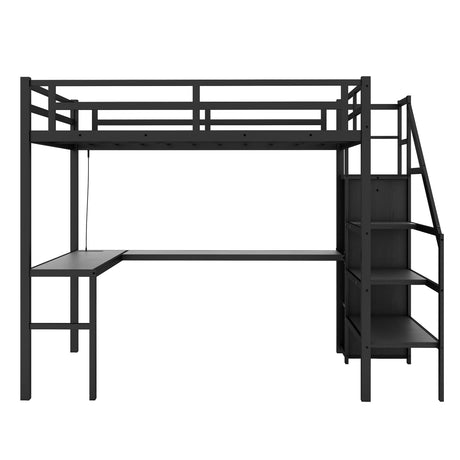 Full sized loft bed with L-shaped desk and USB, metal loft bed with wardrobe and adjustable shelf, black color - V.I.P Digital Presence