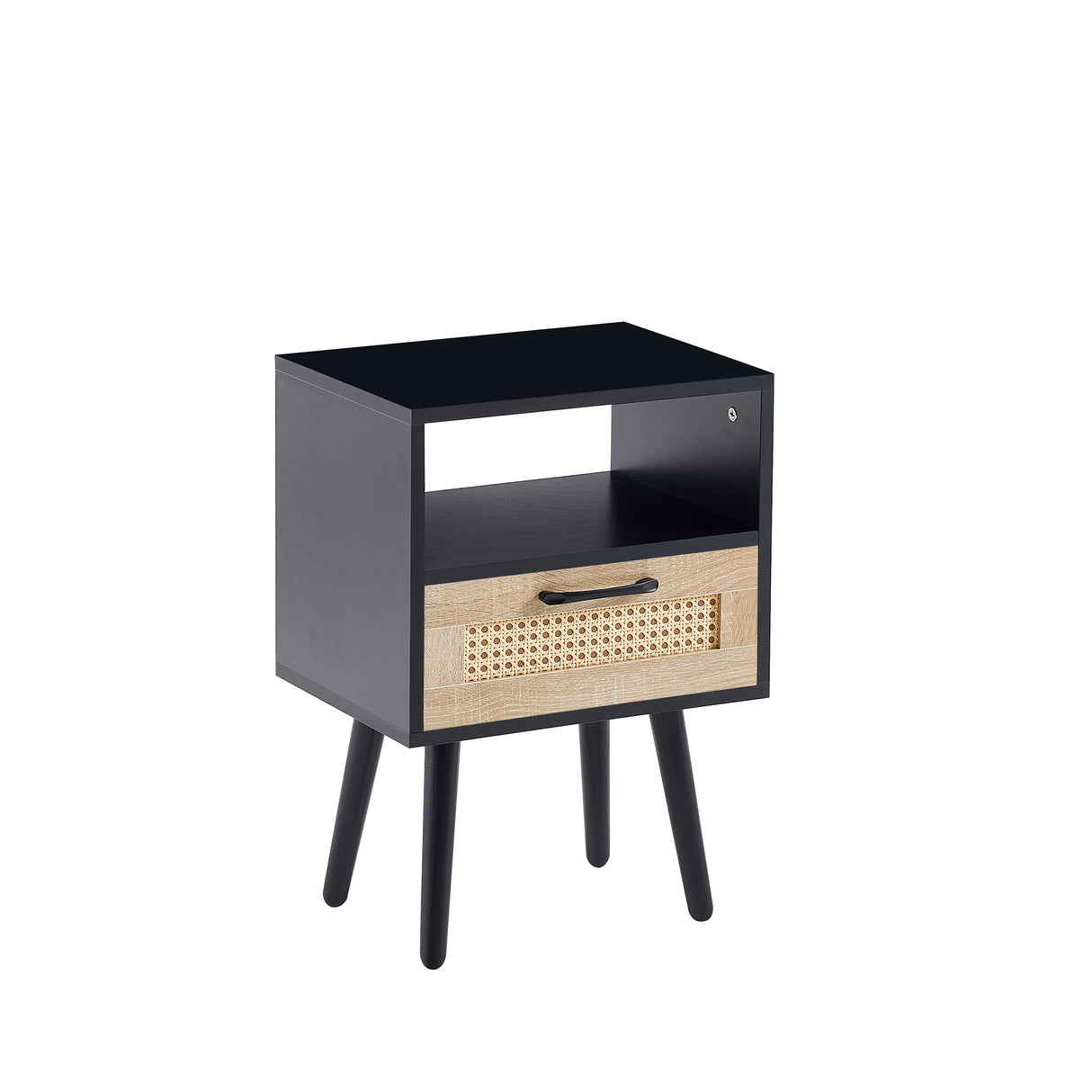 15.75" Rattan End table with drawer and solid wood legs Modern nightstand side table for living room black - V.I.P Digital Presence