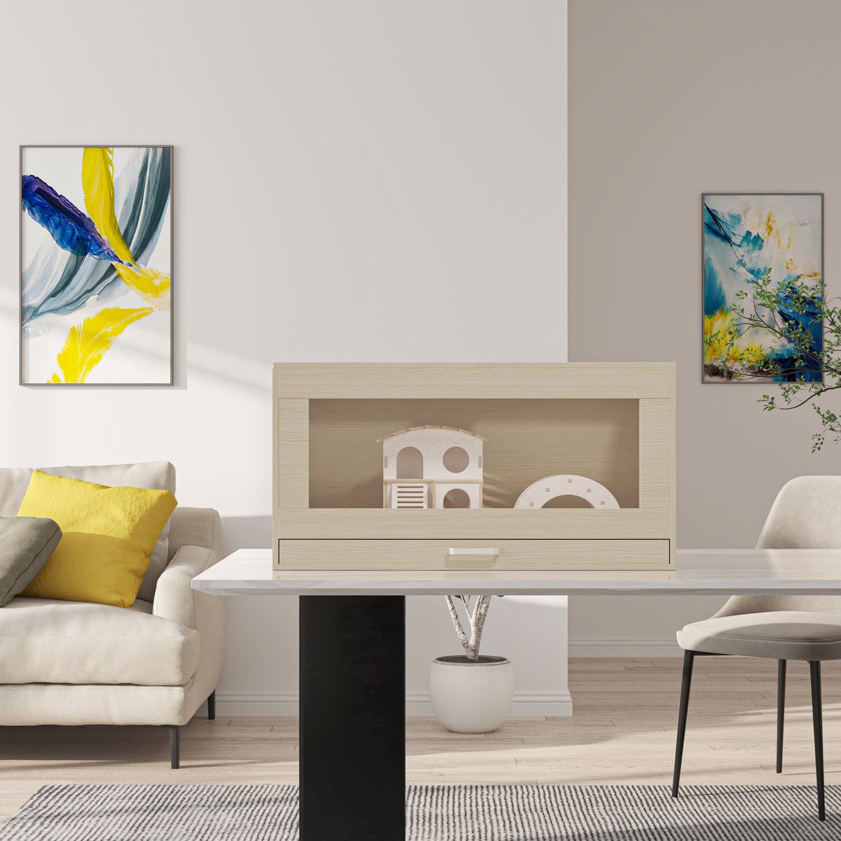 Squirrel cage acrylic panel with independent storage cabinet and wooden guinea pig room with bridge (L 31.50 x W 15.75 x H32.28) - V.I.P Digital Presence