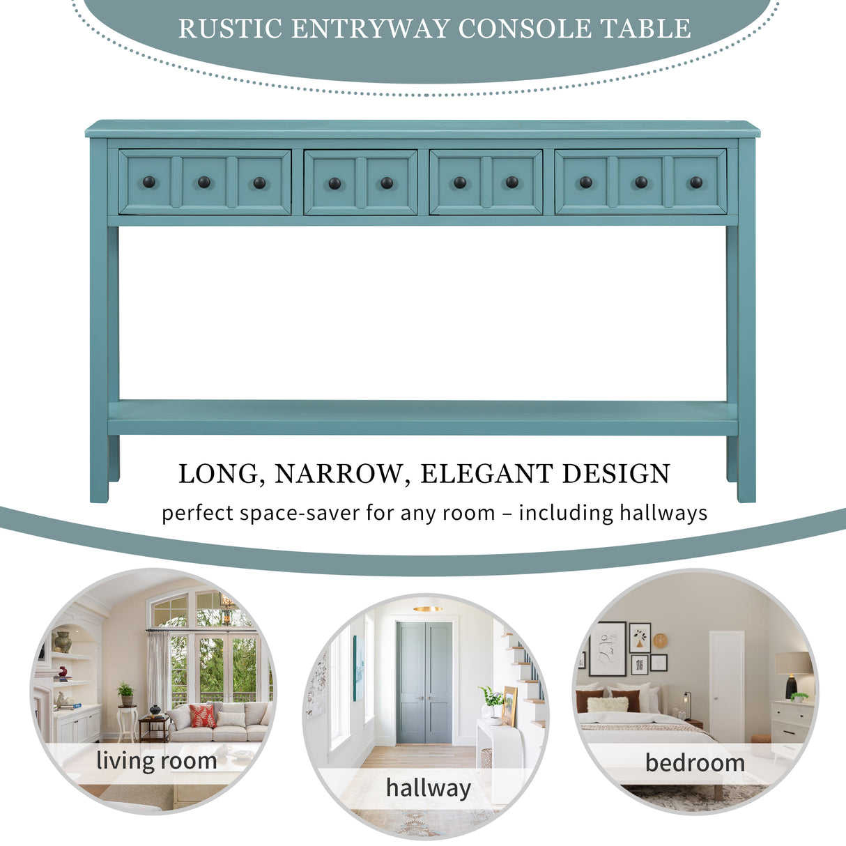 TREXM Rural Entrance Console Table 60 "Long Sofa Table with Two Different Size Drawers and Bottom Shelves for Storage (Turquoise