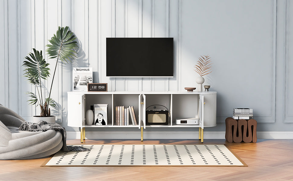 U-Can Modern TV Stand for TVs up to 80 Inches, Entertainment Center with 4 Cabinets, Wood with Metal Legs and Handles White - V.I.P Digital Presence