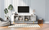 U-Can Modern TV Stand for TVs up to 80 Inches, Entertainment Center with 4 Cabinets, Wood with Metal Legs and Handles White - V.I.P Digital Presence