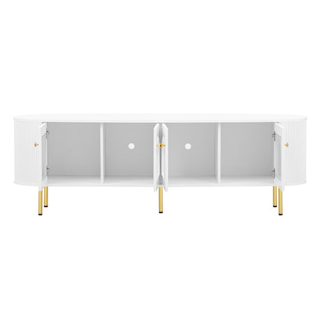 U-Can Modern TV Stand for TVs up to 80 Inches, Entertainment Center with 4 Cabinets, Wood with Metal Legs and Handles White - V.I.P Digital Presence