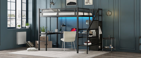 Full sized loft bed with L-shaped desk and USB, metal loft bed with wardrobe and adjustable shelf, black color - V.I.P Digital Presence