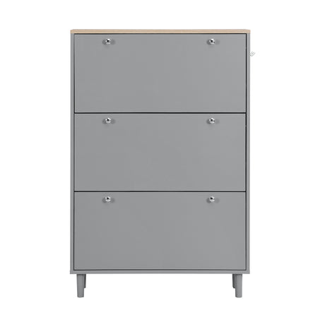 ON-TRANS narrow design shoe cabinet with 3 flip drawers and 3 independent shoe racks with 3 hooks, gray - V.I.P Digital Presence