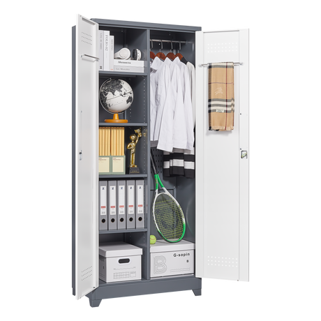 Metal storage cabinets, lockable cleaning tool cabinets, high broom tool organizers, and large storage cabinets in storage store - V.I.P Digital Presence