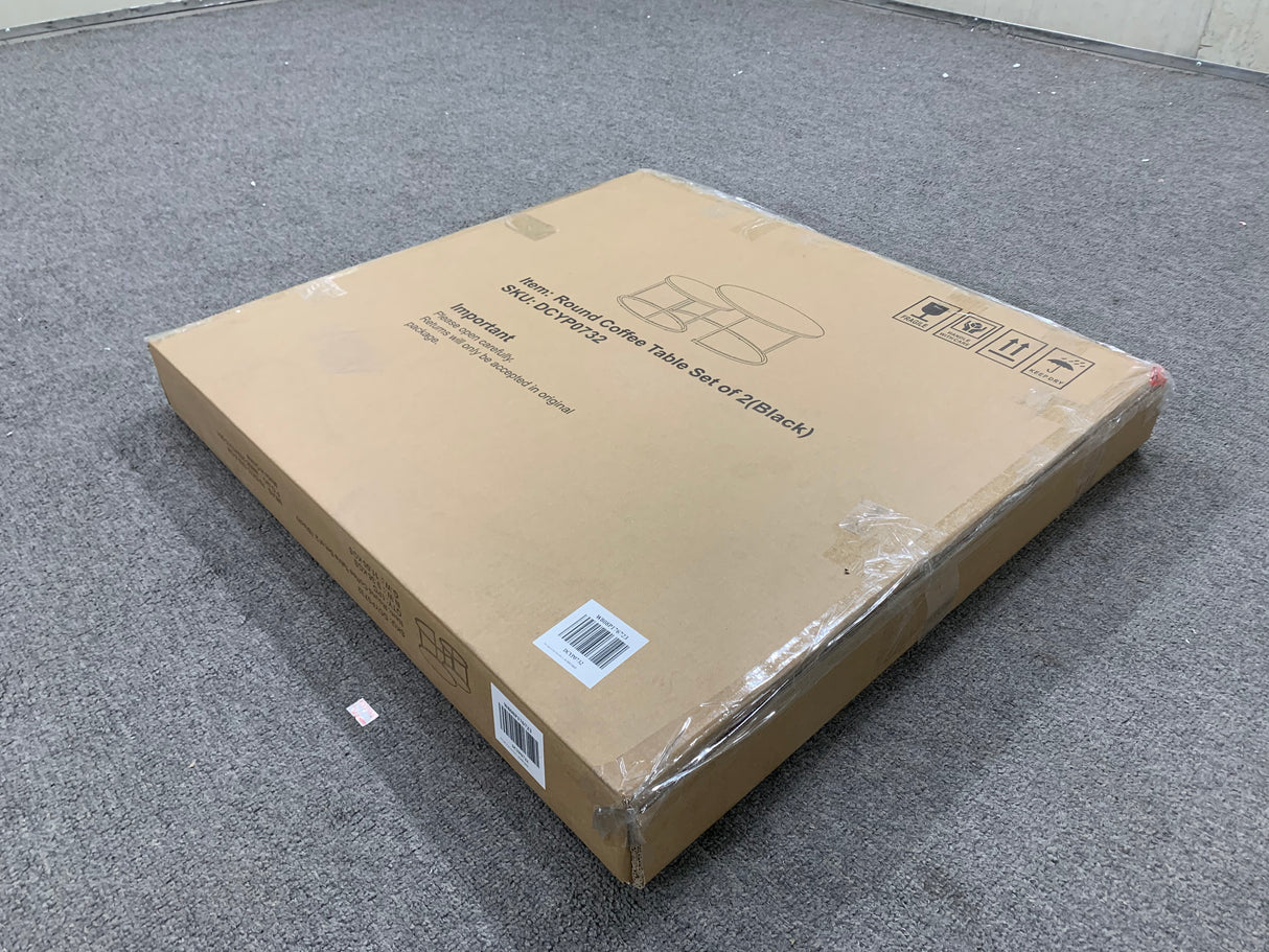 A set of nested coffee tables, 27.6-inch round coffee table, wooden marble patterned tabletop, sturdy metal frame (black) - V.I.P Digital Presence