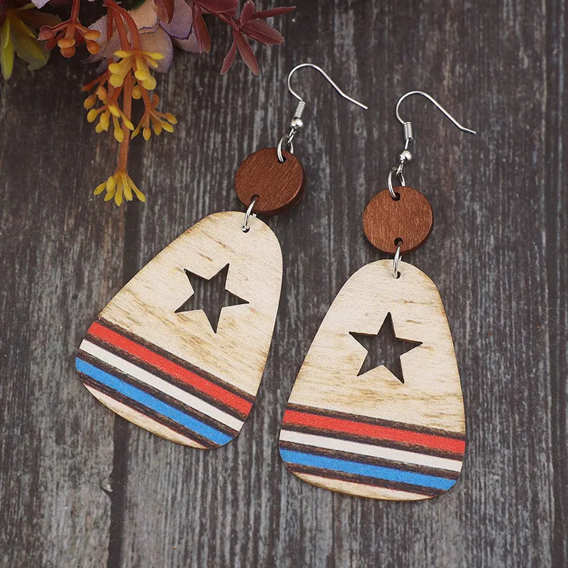Cutout Star & Stripes Wooden Dangle Earrings - V.I.P Digital Presence