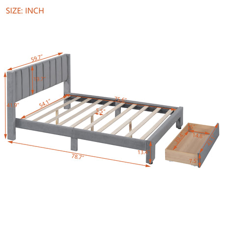 Full Size Storage Bed Velvet Upholstered Platform Bed with a Big Drawer - Gray - V.I.P Digital Presence