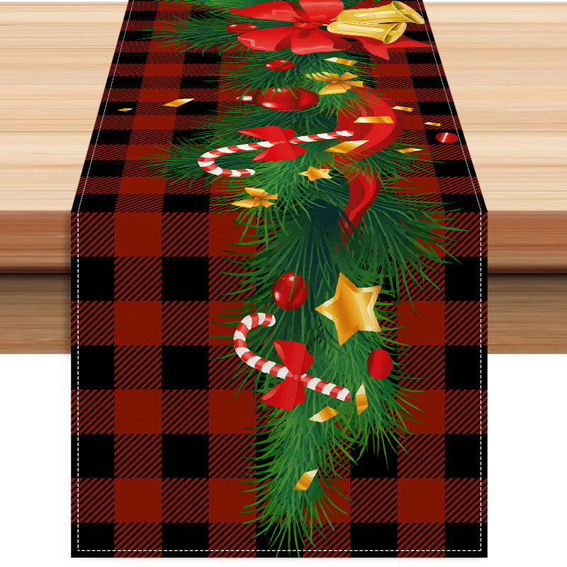 New Christmas table flag white linen bell printed tablecloth red and black checkered home decoration tablecloth pad - V.I.P Digital Presence