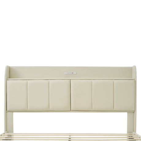 Large floating bed frame with storage headboard, touch sensor, night light and USB charger, padded platform bed, beige color - V.I.P Digital Presence