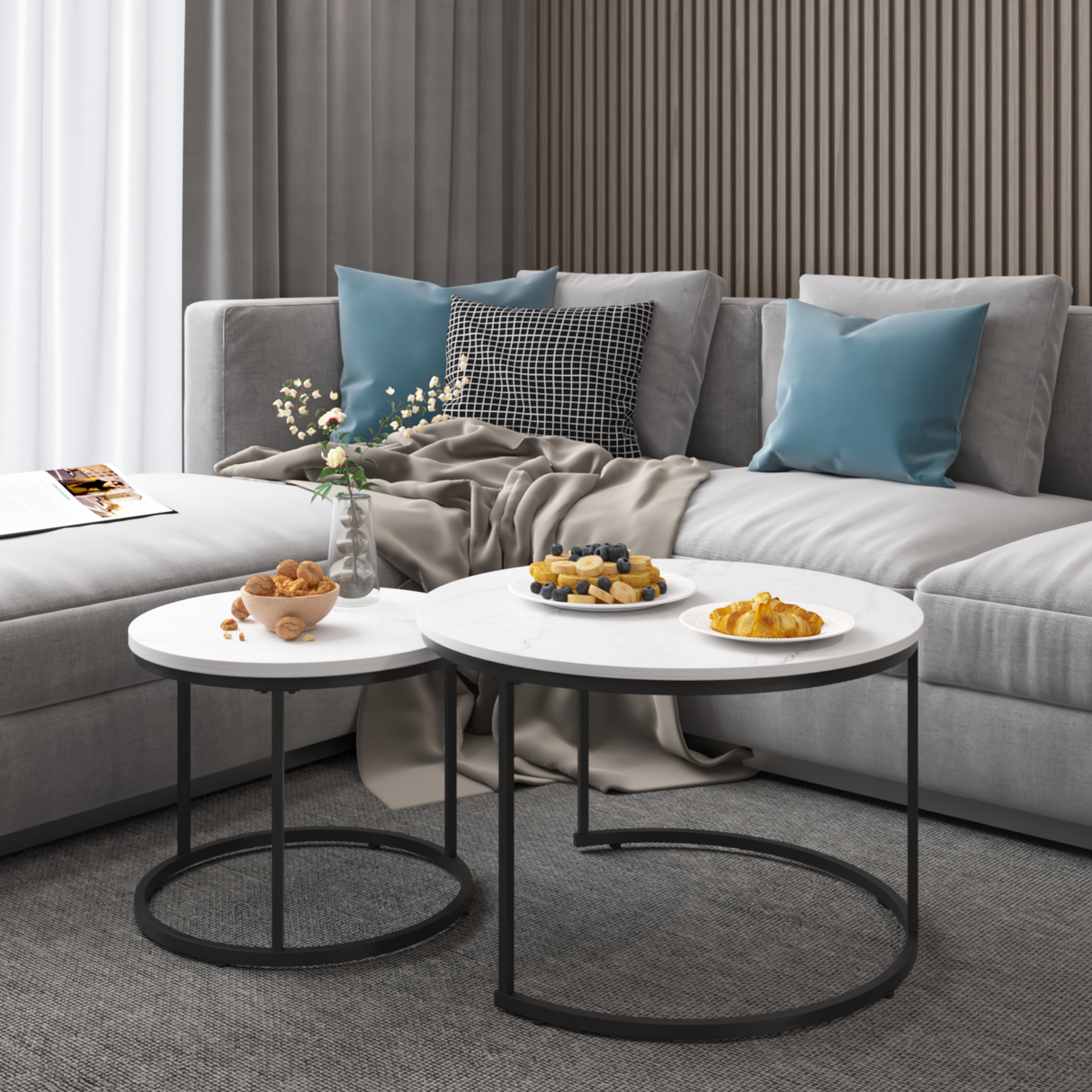 A set of nested 27.6-inch circular coffee tables with a wooden marble patterned tabletop and a sturdy metal frame (white) - V.I.P Digital Presence