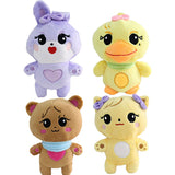 Lindos muñecos de peluche de pato amarillo, oso y conejo morado