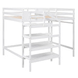 Full Size Loft Bed with Built-in Storage Staircase and Hanger for Clothes  White