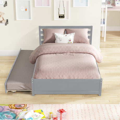 Full Size Wood Platform Bed Frame with Headboard and Twin Trundle For Grey Color - V.I.P Digital Presence