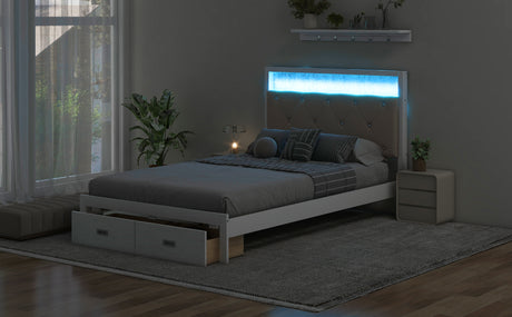 Wood Full Size Platform Bed with Upholstered Headboard and LED and 2 Drawers, Antique White - V.I.P Digital Presence