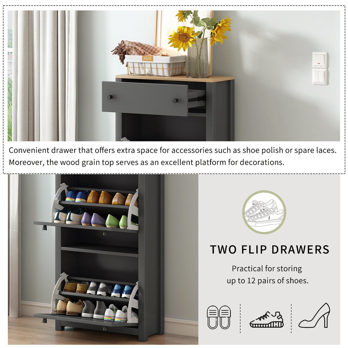 ONTREND functional with 2 flipped drawers, top shoe cabinet with adjustable panel, independent shoe rack, gray - V.I.P Digital Presence